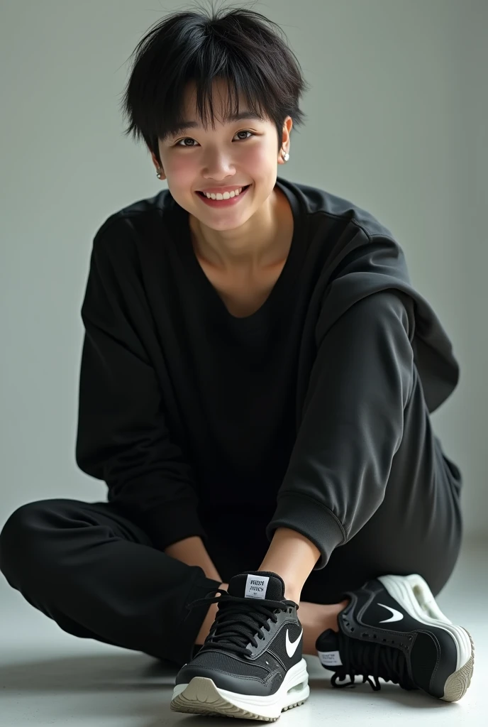 absurdres,, (1girl:1.2), (abs:1.23),huge_breasts、unity Dynamism,forward leaning posture、she looks away, Loose-fitting clothing、Blurred Background、Sagging breasts、A happy look、Sitting、Legs crossed、(black clothes:1.5)、NIKE sneakers、Sneaker commercial、(Close up on sneakers:1.55)、Photorealistic、Japanese、The Beauty of the Japan、Very Short Hair、Boyish Girl、