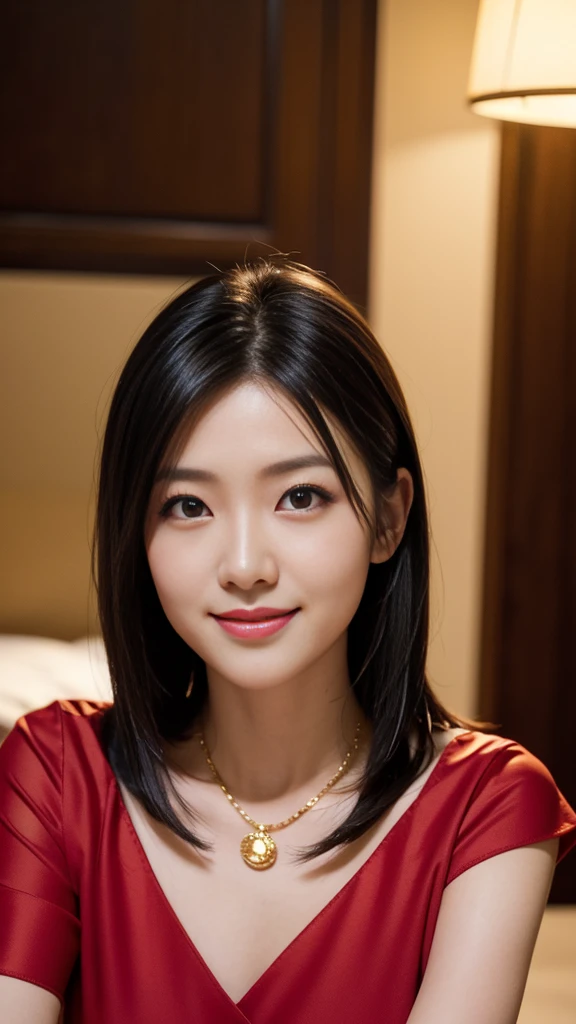 Portrait, 8k, high quality, realistic photographic image, Japanese woman, pretty wife, housewife, natural and realistic eyes, Japanese standing, beautiful black hair, short hair,, accurate rendering, golden ratio composition, laughter, 44 yrs. Hair, light makeup, octane rendering, dim lighting, golden ratio composition, laughter, normal clothes, casual clothes, luxury city hotel, hotel room, red candle lit on table, hands on table, thick red collar around neck, wearing red heels, blurred background, high quality, pure Japanese style, beautiful wife, upper body, light makeup, no makeup. Makeup, neat, plain, red, purple, blue, plain, plain clothes, smiling, black eyes, background blurring.