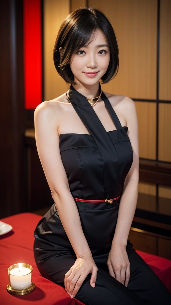 Portrait, 8k, high quality, realistic photographic image, Japanese woman, pretty wife, housewife, natural and realistic eyes, Japanese standing, beautiful black hair, short hair,, accurate rendering, golden ratio composition, laughter, 44 yrs. Hair, light makeup, octane rendering, dim lighting, golden ratio composition, laughter, normal clothes, casual clothes, luxury city hotel, hotel room, red candle lit on table, hands on table, thick red collar around neck, wearing red heels, blurred background, high quality, pure Japanese style, beautiful wife, upper body, light makeup, no makeup. Makeup, neat, plain, red, purple, blue, plain, plain clothes, smiling, black eyes, background blurring.