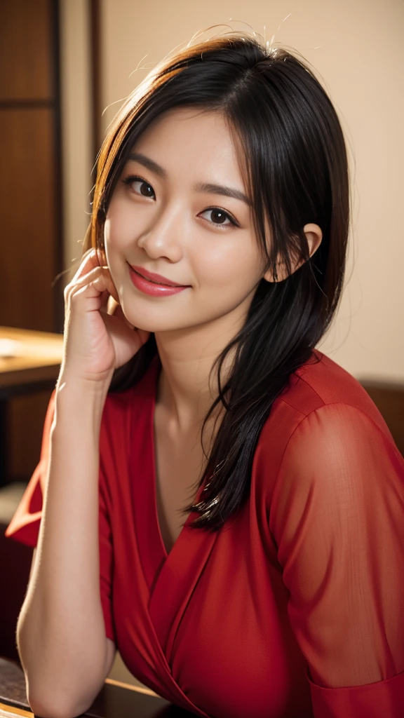 Portrait, 8k, high quality, realistic photographic image, Japanese woman, pretty wife, housewife, natural and realistic eyes, Japanese standing, beautiful black hair, short hair,, accurate rendering, golden ratio composition, laughter, 44 yrs. Hair, light makeup, octane rendering, dim lighting, golden ratio composition, laughter, normal clothes, casual clothes, luxury city hotel, hotel room, red candle lit on table, hands on table, thick red collar around neck, wearing red heels, blurred background, high quality, pure Japanese style, beautiful wife, upper body, light makeup, no makeup. Makeup, neat, plain, red, purple, blue, plain, plain clothes, smiling, black eyes, background blurring.