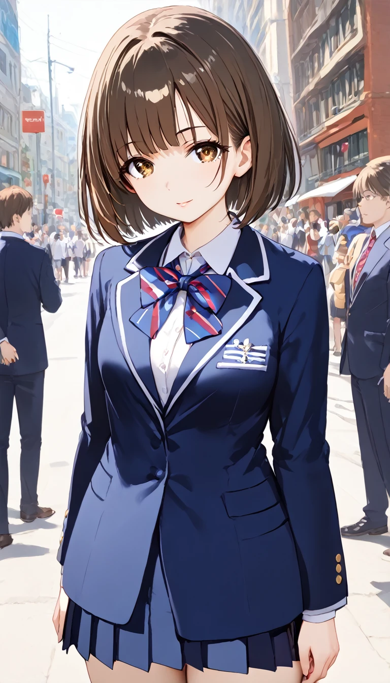 Highest quality,Ultra-high quality,Scale up,breast enhancement,woman,School uniforms,Brown eyes,Bob Hair,Dark brown hair,Big Tits,Are standing,Bar banquet hall