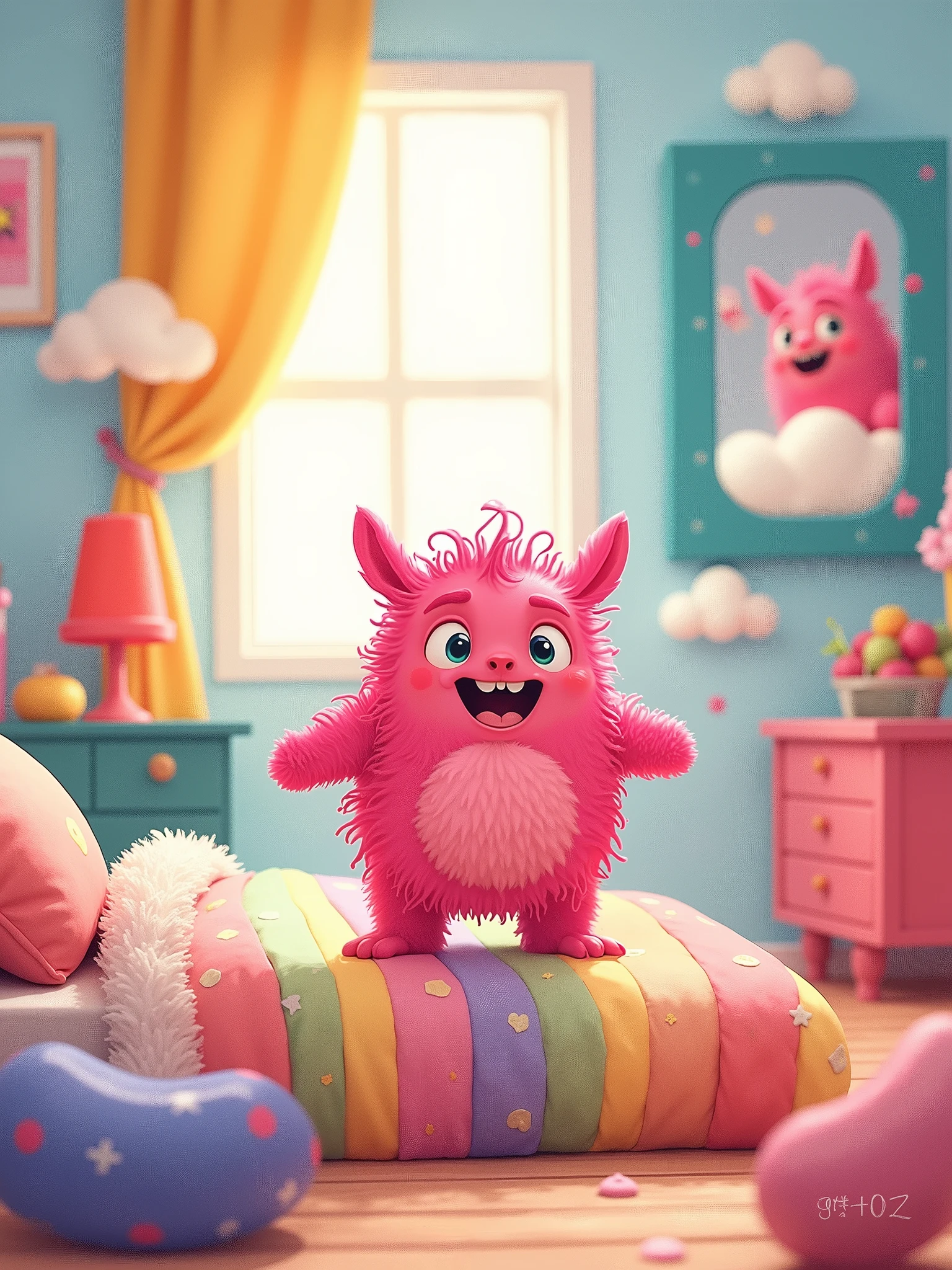 A whimsical children’s book illustration featuring Tilly, the Tickle Monster, waking up in a cozy, colorful bedroom. Tilly is a cute, pink, fuzzy creature with big, expressive eyes and a wide smile, bouncing out of a fluffy bed with rainbow-colored sheets. The room is filled with playful decorations like giggling clouds, candy-shaped furniture, and a mirror with Tilly's reflection showing her tangled fur. The background is a soft pastel color, adding to the joyful atmosphere.