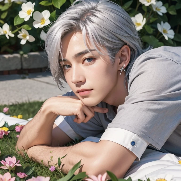 Highest quality), Handsome man,Silver hair color,Fair skin,Light gray eyes,Gentle expression,A faint smile,Outdoor,Surrounded by many flowers,Lying down, leaning on one elbow to support his cheek,small silver earrings,Gentle eyes