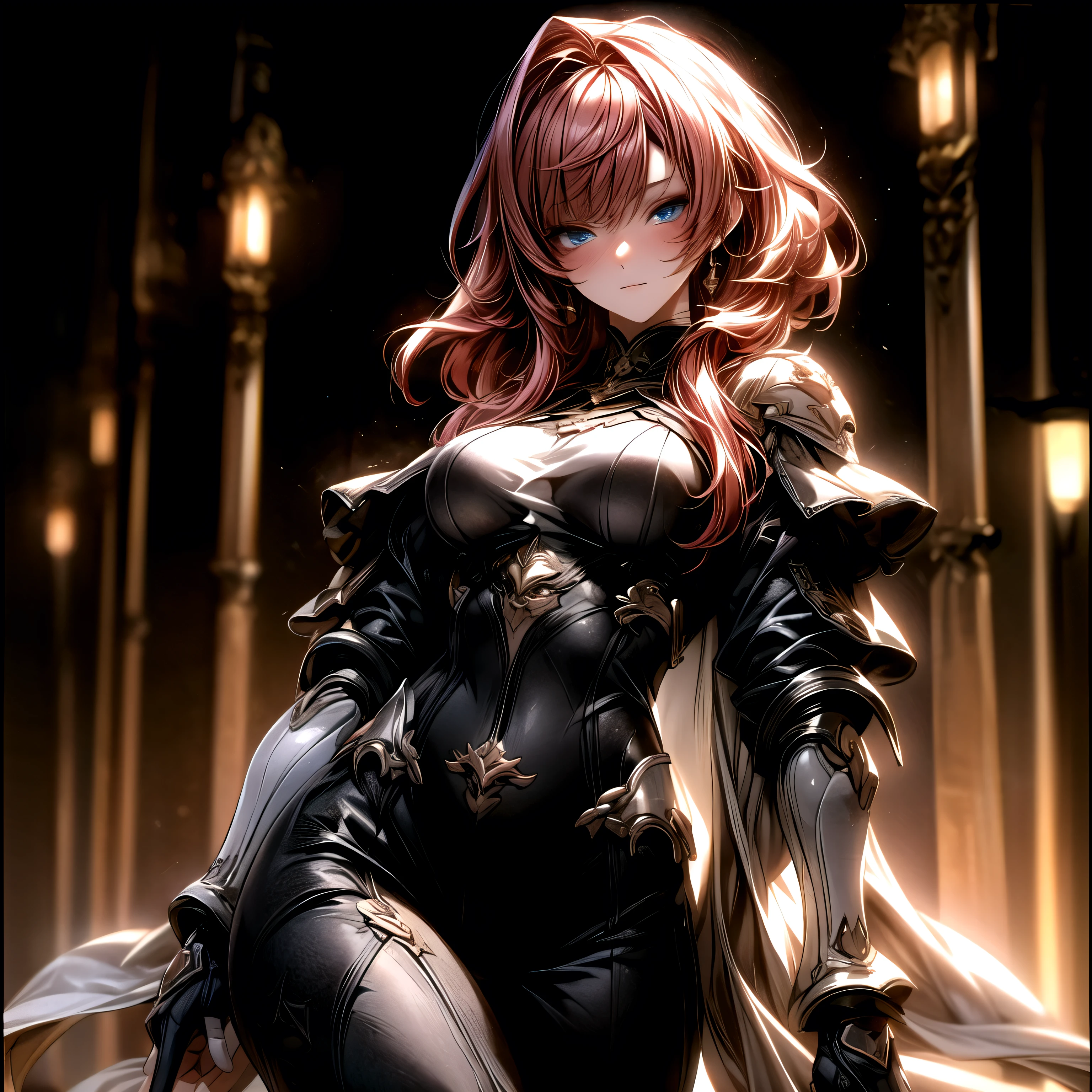 (best quality)), ((Masterpiece)), (details:1.4), 3d, HDR (high dynamic range), an image of a beautiful cyberpunk female, Hips up, medieval, Fantasy, red hair, Curtain Bangs, beautiful Golden eyes, จมูกโด่ง, ปากแดง, หน้าอกใหญ่, nvidia RTX, PBR surface, After processing, Anisotropic filtration,depth of field, Maximum clarity and clarity, multi-layered surface, Subsurface scattering, perfect proportions, 8K raw files, ultra detailed, Perfect proportions, volumetric lighting, soft lighting, Holy Paladin, Heavy White Armor, glossy skin, city background, jewely, ต่างหู, นิ้วมือสมบูรณ์,