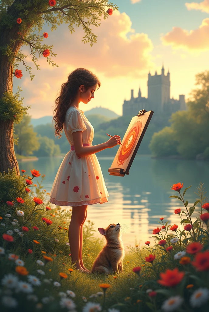 Make a image of girl.she is painting and her surrounding is very peacful.beautiful sky,pkants ,cute pets,beautiful and fairy theme dress with some paint stains on it sky sould look beautiful and add a lake behind add a castle.edinburgh vibe .i want it for my phone wallpaper
