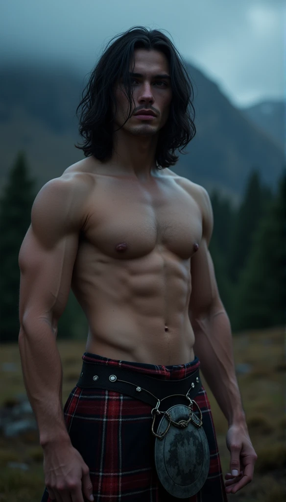 8k, masterpiece, RAW photography, best quality, photorealistic, highly detailed CG unity 8k wallpaper, depth of field, cinematic light, raw, (extremely beautiful and charismatic face, beautiful lips, beautiful eyes), intricately detailed face, (ultra detailed skin), 1 man, in nature, in deep shadows, beautiful young scottish male, (very strong and muscular body:1.3), (topless), (great determined look) :1.3), (shirtless), (highlands, dark night, starry night, blurred background), barechest, tartan kilt, long black hair, full-body, 8k, masterpiece, RAW photography, best quality, photorealistic, highly detailed CG unity 8k wallpaper, depth of field, cinematic light, raw, (extremely beautiful and charismatic face, beautiful lips, beautiful eyes), intricately detailed face, (ultra detailed skin), 1 man, in nature, in deep shadows, beautiful young scottish male, (very strong and muscular body:1.3), (topless), (great determined look) :1.3), (shirtless), (highlands, dark night, starry night, blurred background), barechest, tartan kilt, long black hair, full-body,coniferous forest, One-person viewpoint, Fuji Film, F/1.2, 8K, masutepiece, nffsw, Super Detail, High quality, Best Quality, hight resolution,abdominals,bsix packs.