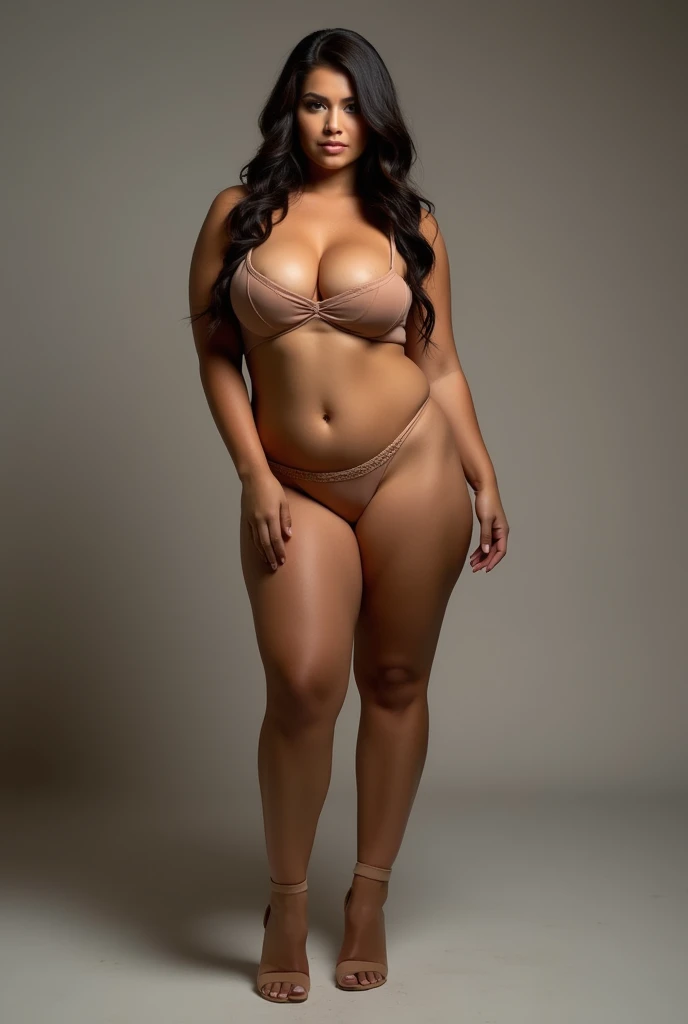Full body shot of a beautiful brunette nude female with a curvy thick body and large breasts, naked, wearing high heels