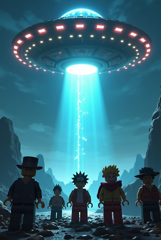 In a distant corner of the Lego universe, a mysterious UFO hovers above, casting an ominous glow on the landscape below. Suddenly, the unimaginable happens – beloved characters like Naruto, Luffy, Gojo, and Chainsaw Man are drawn towards the unknown force of this alien ship! Witness the epic clash of worlds as these legendary heroes, in their Lego forms, are swept into an intergalactic adventure!