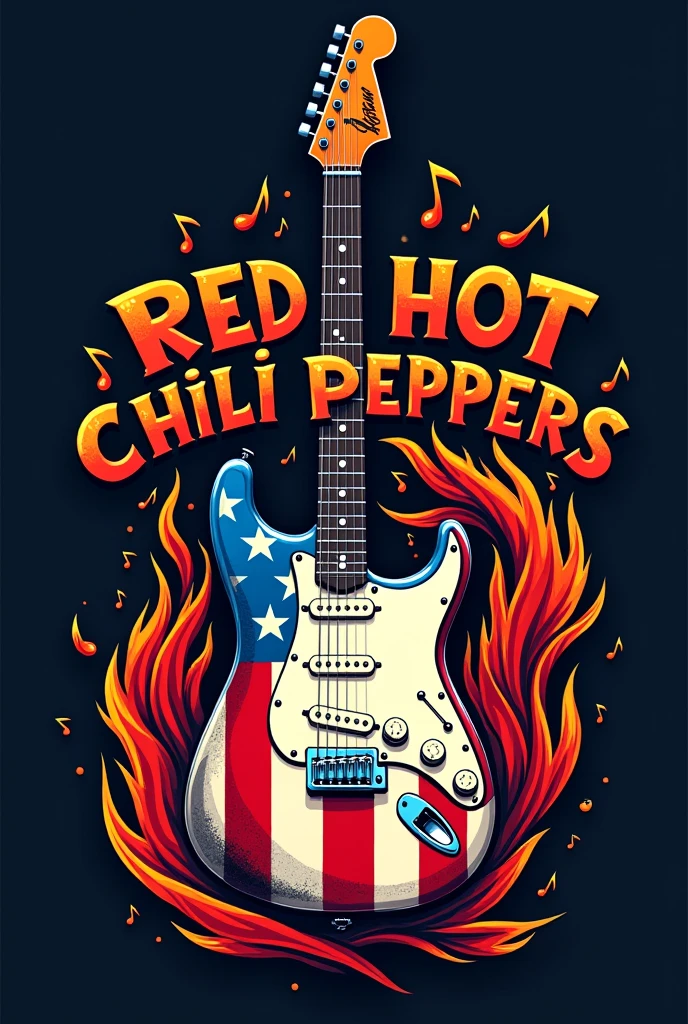 "Design a logo for the music band 'Red Hot Chili Peppers' that combines bold American political themes with their energetic rock-and-roll style. Feature a central electric guitar with an American flag motif, where the guitar body is painted with stars and stripes. Integrate flames and chili peppers that intertwine around the guitar neck, giving a dynamic, fiery effect. The band's name, "Red Hot Chili Peppers" should be in bold, graffiti-style lettering that appears to be scorched or singed at the edges, conveying a rebellious spirit. Incorporate musical notes subtly around the logo, and use a vibrant color palette of red, blue, white, and hints of orange for a modern, edgy look. The design should be visually captivating, merging elements of music, patriotism, and the band's fiery essence into a cohesive and eye-catching logo."