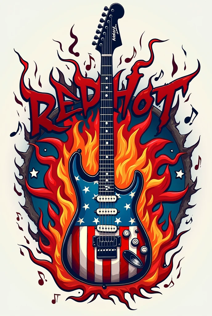 "Design a logo for the music band 'Red Hot Chili Peppers' that combines bold American political themes with their energetic rock-and-roll style. Feature a central electric guitar with an American flag motif, where the guitar body is painted with stars and stripes. Integrate flames and chili peppers that intertwine around the guitar neck, giving a dynamic, fiery effect. The band's name, "Red Hot Chili Peppers" should be in bold, graffiti-style lettering that appears to be scorched or singed at the edges, conveying a rebellious spirit. Incorporate musical notes subtly around the logo, and use a vibrant color palette of red, blue, white, and hints of orange for a modern, edgy look. The design should be visually captivating, merging elements of music, patriotism, and the band's fiery essence into a cohesive and eye-catching logo."