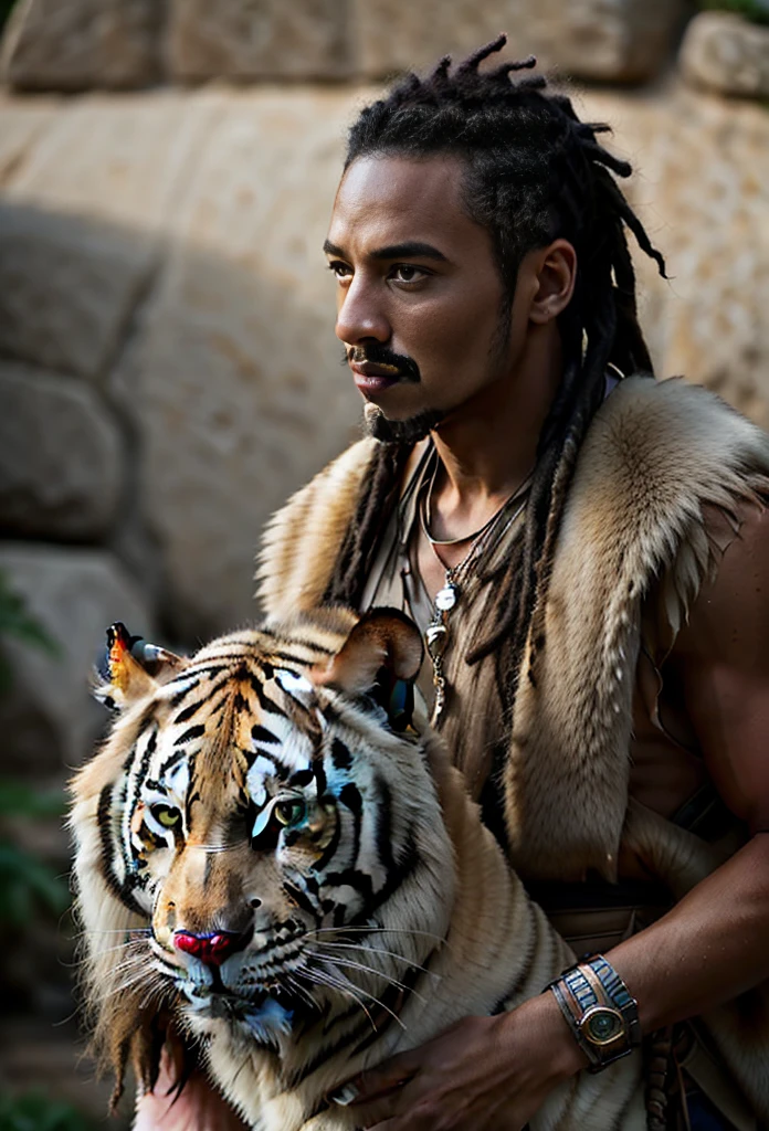 arafed man with dreadlocks holding a white tiger, movie still 8 k, still from a live action movie, portrait shot 8 k, 8 k movie still, high res 8k, 4k still, lord of the jungle, 8k 28mm cinematic photo, 8 k film still, man is with black skin, still from a fantasy movie, detailed eyes