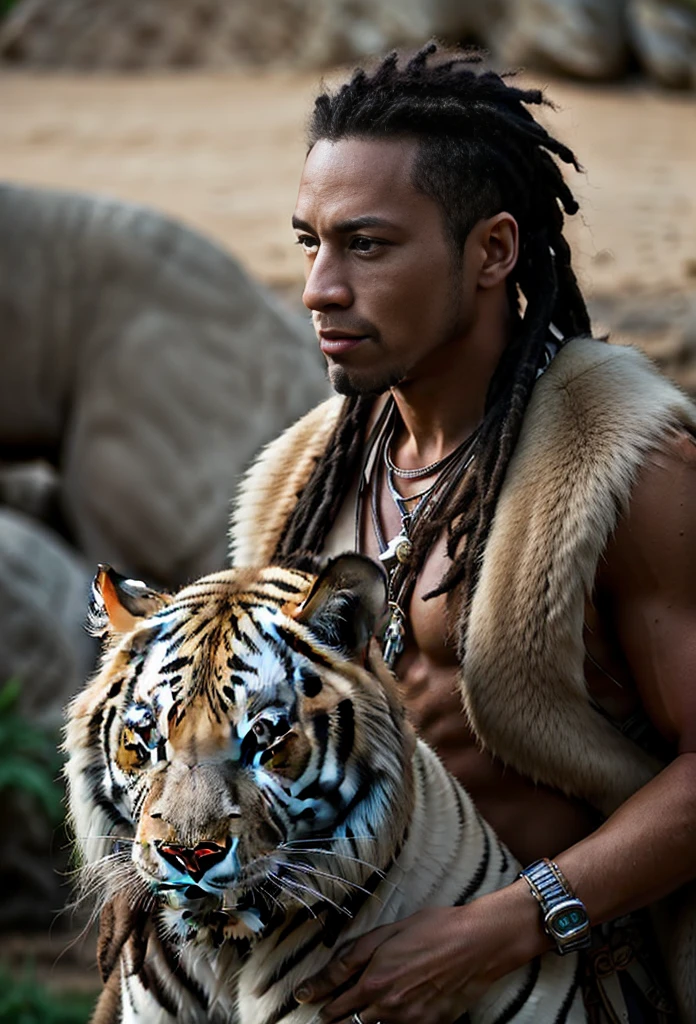 arafed man with dreadlocks holding a white tiger, movie still 8 k, still from a live action movie, portrait shot 8 k, 8 k movie still, high res 8k, 4k still, lord of the jungle, 8k 28mm cinematic photo, 8 k film still, man is with black skin, still from a fantasy movie, detailed eyes