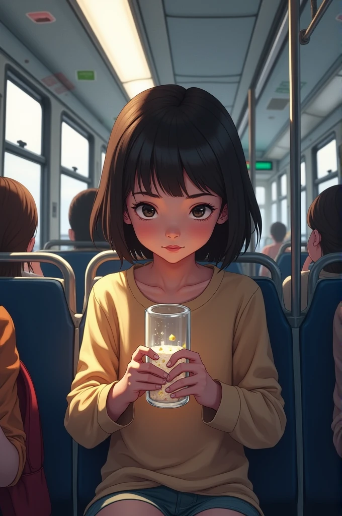 Girl on bus. Tube holding