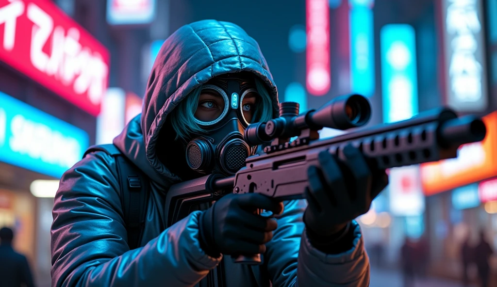 Create a cyberpunk-themed character in a futuristic city at night. The character should be wearing a metallic, reflective jacket with a hood, and have glowing blue hair peeking out. The character's face should be partially obscured by a high-tech gas mask with glowing elements. The character should be aiming a detailed, futuristic sniper rifle with a complex design. The background should be a vibrant, neon-lit city street filled with glowing signs and a bustling atmosphere, blurred to focus on the character. The overall mood should be intense and immersive, with a mix of blue, pink, and neon lighting."