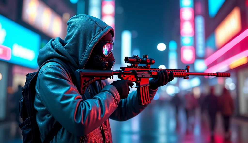 Create a cyberpunk-themed character in a futuristic city at night. The character should be wearing a metallic, reflective jacket with a hood, and have glowing blue hair peeking out. The character's face should be partially obscured by a high-tech gas mask with glowing elements. The character should be aiming a detailed, futuristic sniper rifle with a complex design. The background should be a vibrant, neon-lit city street filled with glowing signs and a bustling atmosphere, blurred to focus on the character. The overall mood should be intense and immersive, with a mix of blue, pink, and neon lighting."