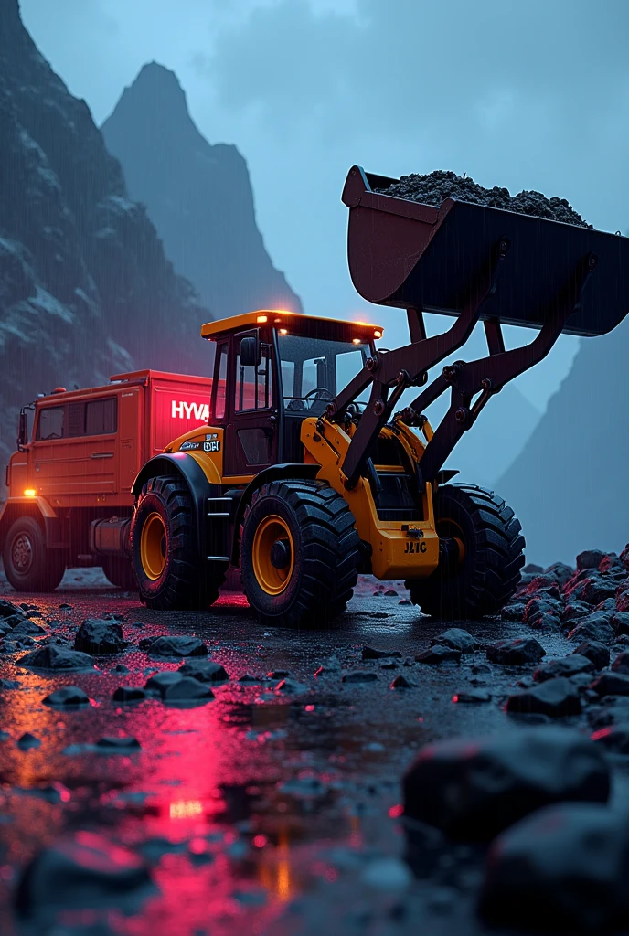 Backhoe loader jcb loading ,hyva , neon light, night view, super light, mountain, rain water