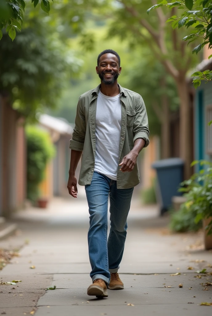 Black man. Walking to a hostel. Smiling. Ultra high resolution.