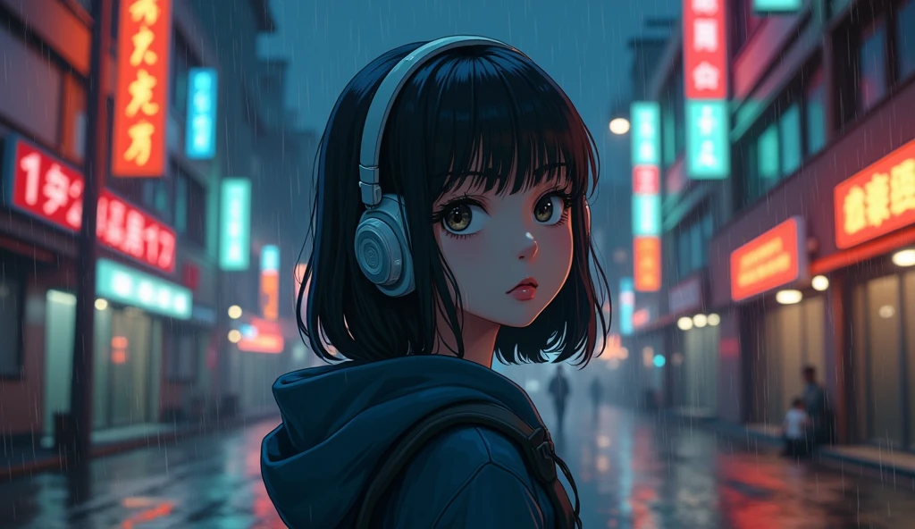 Perfect image, 8k, high school girl、 Using headphones, 2D-style animation, Lo-Fi, metropolis、night、rain、Emotional、Retro、Anime style illustrations