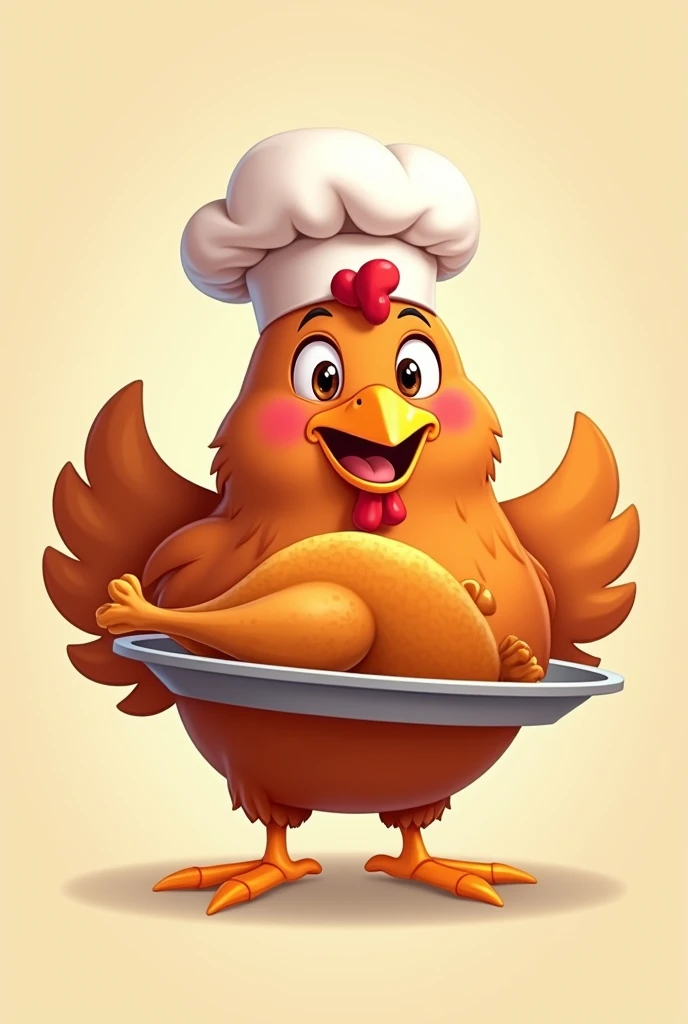 Create a logo mascot for a roast chicken delivery company in Sorriso. The mascot should be a friendly and cheerful chicken wearing a chef&#39;s hat., holding a delicious golden roast chicken on a tray. The chicken must have a welcoming smile, bright eyes and be designed in a way that is both playful and professional, attractive to families, O design geral deve ser simples, easily recognizable and suitable for use in packaging, signage and online platforms. The main color of the chicken should be brown,she must be blinking 