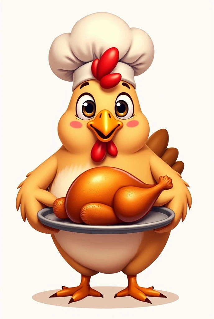 Create a logo mascot for a roast chicken delivery company in Sorriso. The mascot should be a friendly and cheerful chicken wearing a chef&#39;s hat., holding a delicious golden roast chicken on a tray. The chicken must have a welcoming smile, bright eyes and be designed in a way that is both playful and professional, attractive to families, O design geral deve ser simples, easily recognizable and suitable for use in packaging, signage and online platforms. The main color of the chicken should be brown,she must be blinking 