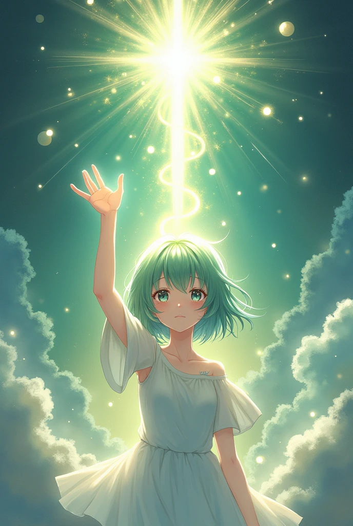Anime, cute green and white haired girl, holding up her left hand like Christ, light radiating from her hand, mystical background, magical worldview