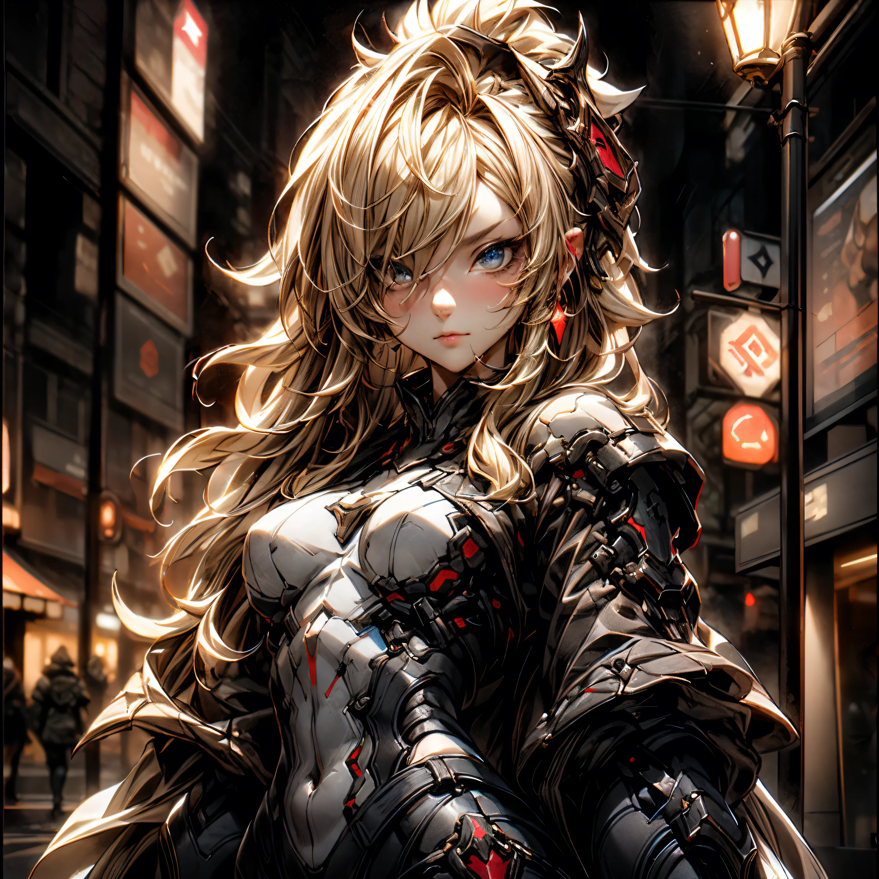 (best quality)), ((Masterpiece)), (details:1.4), 3d, HDR (high dynamic range), an image of a beautiful cyberpunk female, Hips up, medieval, Fantasy, Blonde hair, Curtain Bangs, beautiful Golden eyes, จมูกโด่ง, ปากแดง, หน้าอกใหญ่, nvidia RTX, PBR surface, After processing, Anisotropic filtration,depth of field, Maximum clarity and clarity, multi-layered surface, Subsurface scattering, perfect proportions, 8K raw files, ultra detailed, Perfect proportions, volumetric lighting, soft lighting, Holy Paladin, Heavy red Armor, glossy skin, city background, jewely, ต่างหู, นิ้วมือสมบูรณ์,