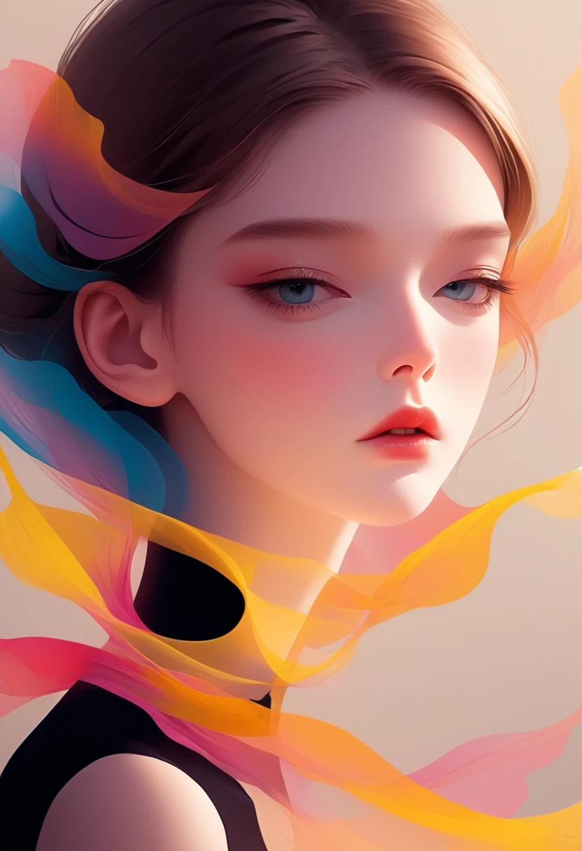 Digital Art Illustration，1 girl，unique，pretty face，portrait，shoulder，beautiful hands，artistic concept，abstract