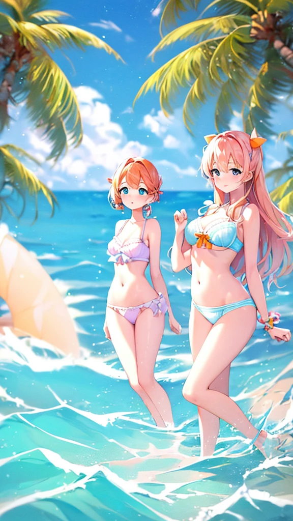 Four big breasted sisters in cute lingerie and cute bras、Cute white bra with ribbon、White and light blue checkered bra、Cute orange bra、White underwear with cute ribbon、White and light blue striped pants、Cute orange underwear、Sandy Beach, Calm, Clear sea and blue sky、Pink floral bra、Pink floral underwear、barefoot