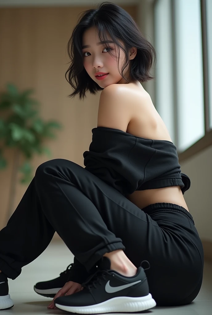 absurdres,, (1girl:1.2), (abs:1.23),huge_breasts、unity Dynamism,forward leaning posture、she looks away, Loose-fitting clothing、Blurred Background、Sagging breasts、A happy look、Sitting、Legs crossed、(black clothes:1.5)、NIKE sneakers、Sneaker commercial、(Close up on sneakers:1.55)、Photorealistic、Japanese、The Beauty of the Japan、Very Short Hair、