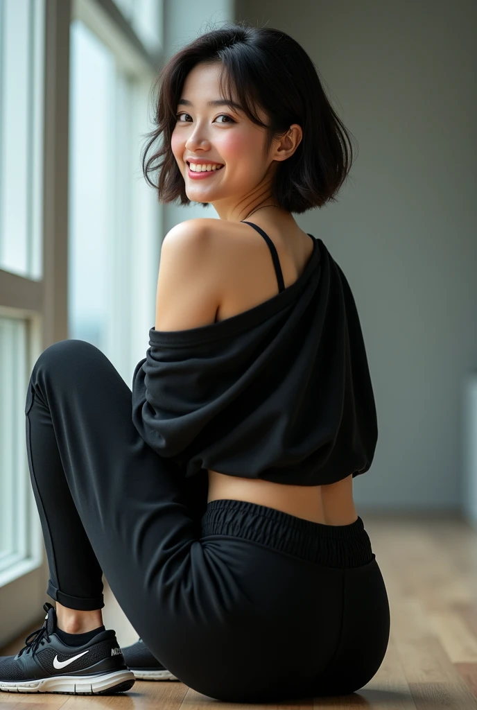 absurdres,, (1girl:1.2), (abs:1.23),huge_breasts、unity Dynamism,forward leaning posture、she looks away, Loose-fitting clothing、Blurred Background、Sagging breasts、A happy look、Sitting、Legs crossed、(black clothes:1.5)、NIKE sneakers、Sneaker commercial、(Close up on sneakers:1.55)、Photorealistic、Japanese、The Beauty of the Japan、Very Short Hair、
