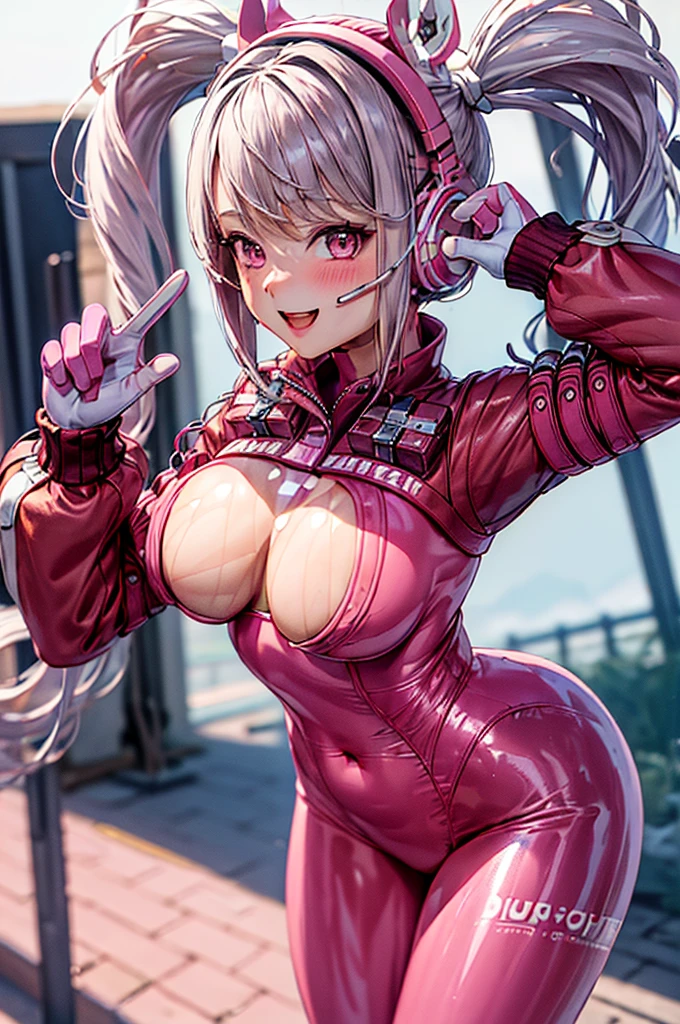 alice \(NOD\), (pink bodysuit:1.3), animal ear headphones ,shiny clothes, twintails, latex bodysuit, BREAK, (masterpiece, Highest quality:1.3), (Super detailed:1.4),(Super detailed顔:1.2),(Super detailed目:1.2), (hyperRealistic:1.3), (RAW Photos:1.2), High-definition RAW color photos, Professional photos, (PhotoRealistic:1.4), (Realistic:1.4),8k,Professional Lighting, Perfect Anatomy, BREAK, (Big Breasts:1.4), (blush:1.2), (Bright smile:1.3), detail, Sharp focus, dramatic, dutch angle, (Sexy gravure pose:1.2),