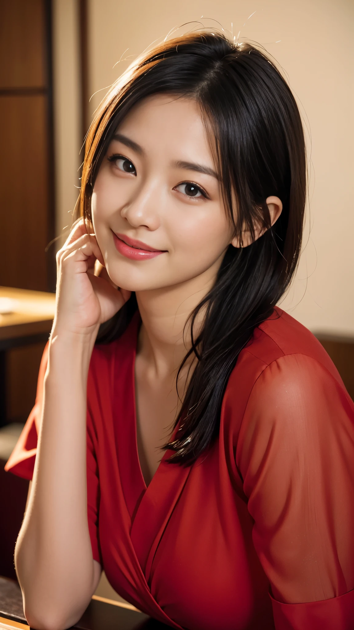 Portrait, 8k, high quality, realistic photographic image, Japanese woman, pretty wife, housewife, natural and realistic eyes, Japanese standing, beautiful black hair, short hair,, accurate rendering, golden ratio composition, laughter, 44 yrs. Hair, light makeup, octane rendering, dim lighting, golden ratio composition, laughter, normal clothes, casual clothes, luxury city hotel, hotel room, red candle lit on table, hands on table, thick red collar around neck, wearing red heels, blurred background, high quality, pure Japanese style, beautiful wife, upper body, light makeup, no makeup. Makeup, neat, plain, red, purple, blue, plain, plain clothes, smiling, black eyes, background blurring.