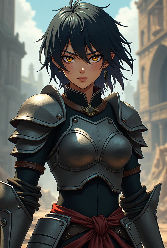 female goblin knight freckles short black hair earrings anime