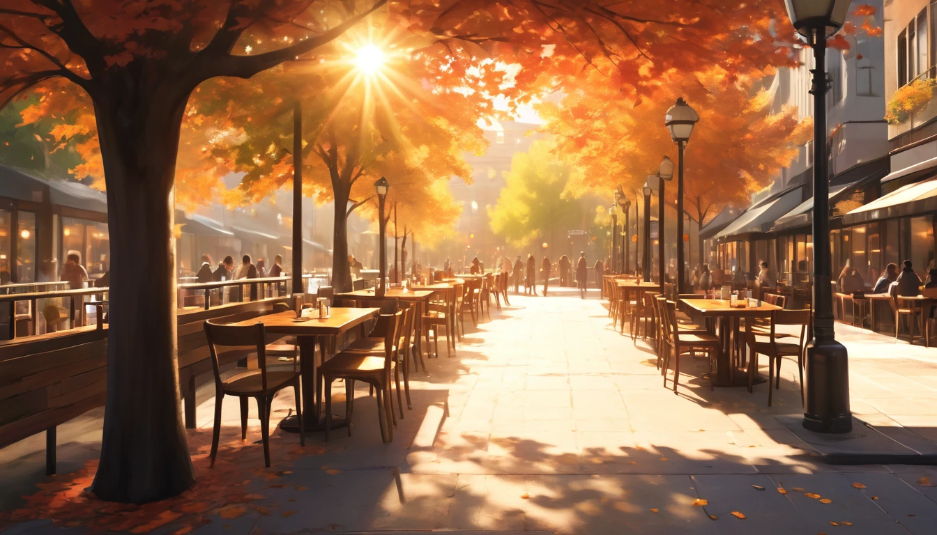 ((((masterpiece, best quality, high resolution)))),High Detail, Warm autumn afternoon sunlight shines through the leaves onto a table outside a coffee shop,, Head-up