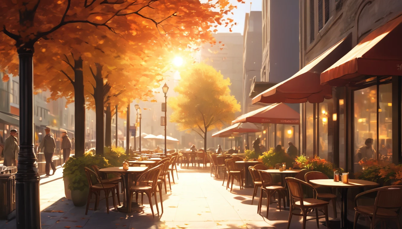 ((((masterpiece, best quality, high resolution)))),High Detail,  Warm autumn afternoon sunlight shines through the leaves onto a table outside a coffee shop,, Head-up