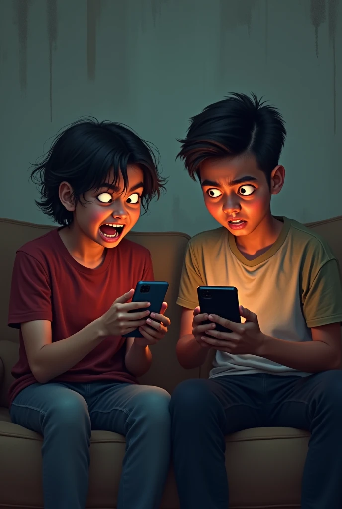 two pinoy gen z people holding a phone and madly typing, one is big eye muscle dark dirty men, are in rage sitting in a couch apart