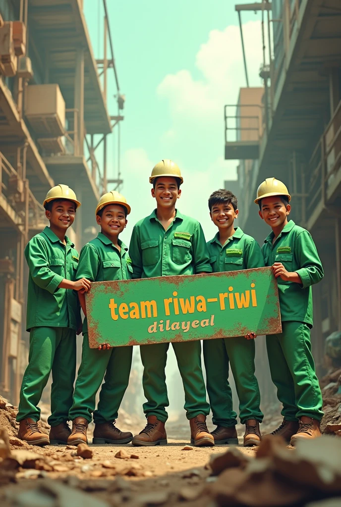 Make me a picture of 5 project workers wearing light green work clothes., dan ada tulisanya team riwa-riwi dibayar.