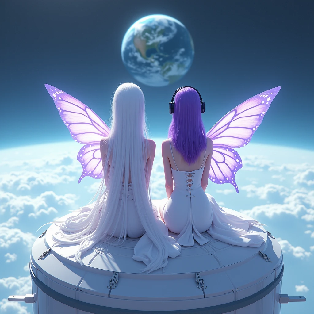 A woman with long white hair,she will wear a long white dress,and a Korean woman with long purple hair,She will wear headphones and a very long dress and two butterfly wings,They will have their backs to the image and will be sitting on top of a satellite above the earth