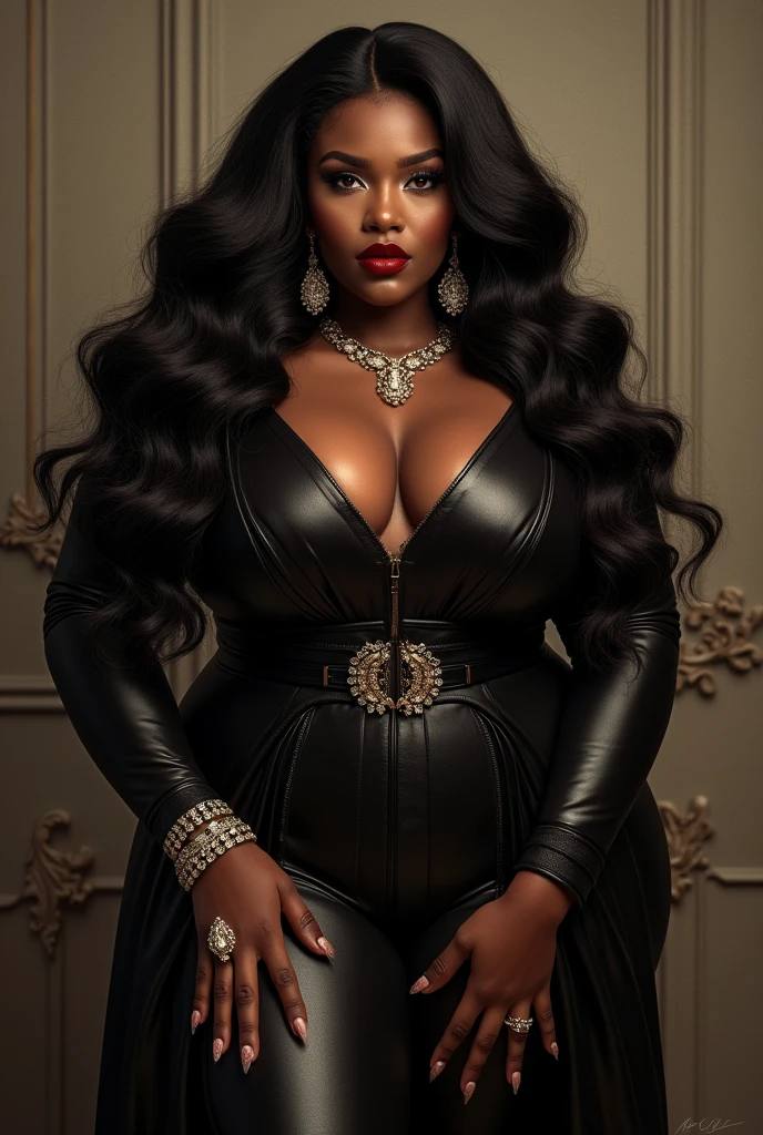 High resolution cyber realistic  full portrait 
of a powerful Dark brown skinned toned melanin big and beautiful plus size obese, bbw curvaceous heavy woman 5'10 300 lb slong beautiful flowing hair exuding a findom persona exuding with an intense, hypnotic gaze. Her eyes could be glowing or swirling to symbolize trance induction. characterized by luxury, power dressed in 
high fashion, a designer sexy 
clothing accessorized with luxurious jewelry. at high end places such as vacations, on the beach, five stare hotels. mansions, shopping , luxury cars
. High end accessories,  fine jewelry are strategically placed around her to highlight her power and wealth. the woman has an elegant posture that underscores her commanding presence
