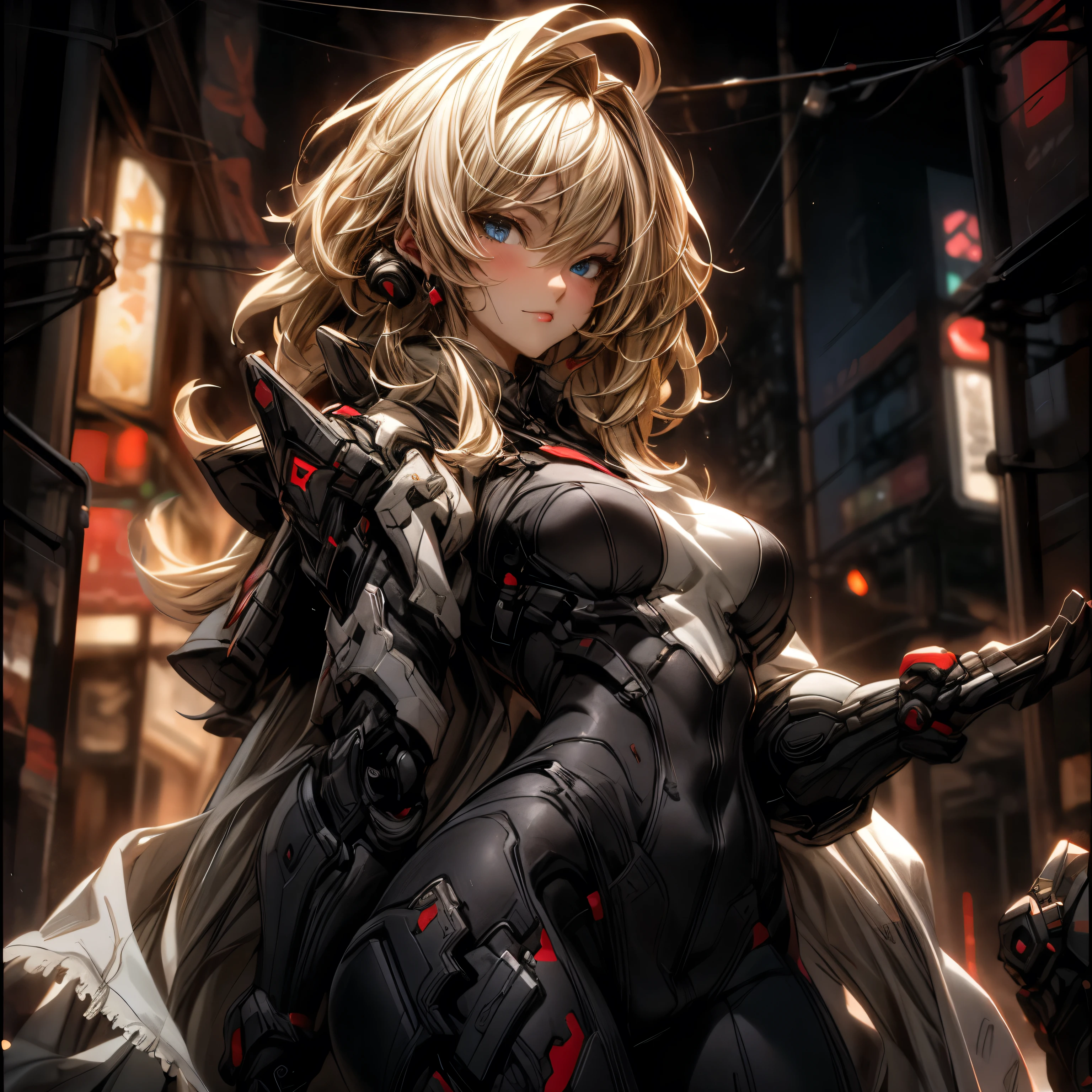(best quality)), ((Masterpiece)), (details:1.4), 3d, HDR (high dynamic range), an image of a beautiful cyberpunk female, Hips up, cyberpunk, Fantasy, Blonde hair, Curtain Bangs, beautiful Golden eyes, จมูกโด่ง, ปากแดง, หน้าอกใหญ่, nvidia RTX, PBR surface, After processing, Anisotropic filtration,depth of field, Maximum clarity and clarity, multi-layered surface, Subsurface scattering, perfect proportions, 8K raw files, ultra detailed, Perfect proportions, volumetric lighting, soft lighting, Holy Paladin, Heavy red Armor, glossy skin, city background, jewely, ต่างหู, นิ้วมือสมบูรณ์,