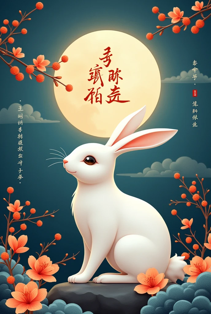 Mid-Autumn Festival horizontal greeting card,There is a full moon hanging high in the sky,Jade Rabbit,and osmanthus,Happy Mid-Autumn Festival in between