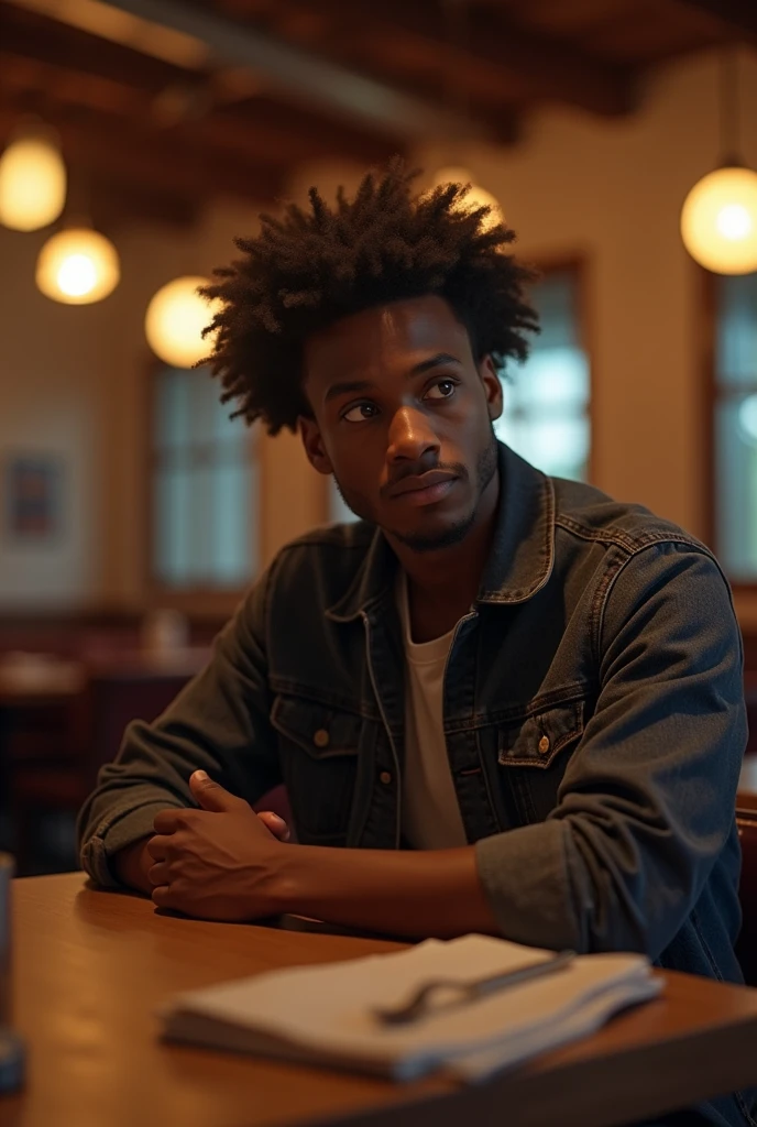 Black man. Shy. sitting in a restaurant.Smiling. Ultra high resolution.