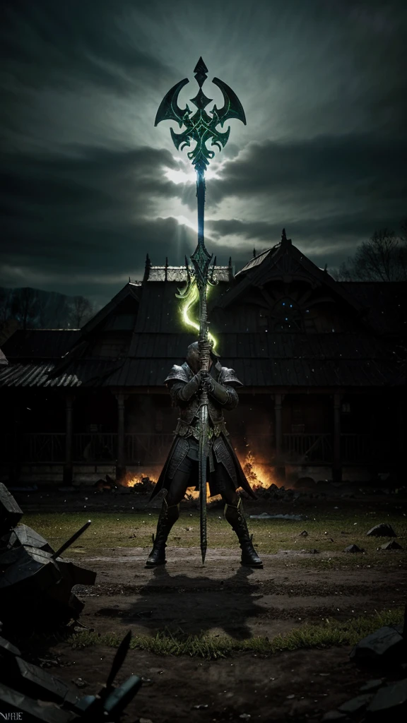 "Create a dynamic and intense scene of the Harbinger from Guild Wars 2 in the heat of a PvP battle. The Harbinger, clad in dark, plague-themed armor, is surrounded by a green toxic aura, exuding an ominous presence. His scythe is raised, ready to strike, with green energy swirling around it, symbolizing the corruption he brings. The battlefield is chaotic, with fallen enemies and swirling mists, adding to the dark and sinister atmosphere. The background features ruins and dark skies, emphasizing the Harbinger's power and fearsome nature