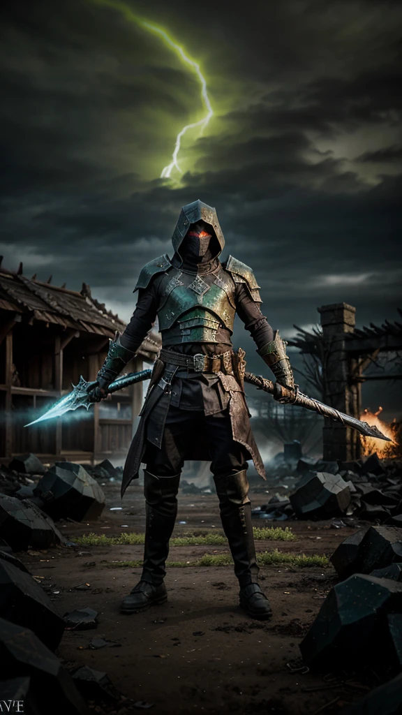 "Create a dynamic and intense scene of the Harbinger from Guild Wars 2 in the heat of a PvP battle. The Harbinger, clad in dark, plague-themed armor, is surrounded by a green toxic aura, exuding an ominous presence. His scythe is raised, ready to strike, with green energy swirling around it, symbolizing the corruption he brings. The battlefield is chaotic, with fallen enemies and swirling mists, adding to the dark and sinister atmosphere. The background features ruins and dark skies, emphasizing the Harbinger's power and fearsome nature