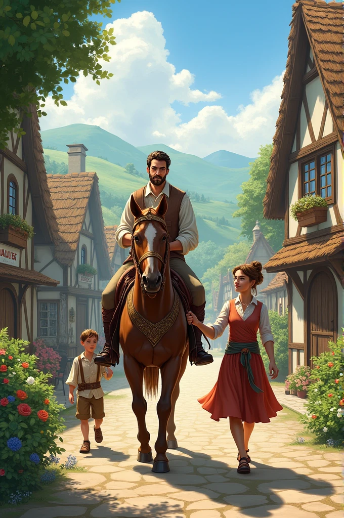 A man was riding a horse in a village with his wife and son