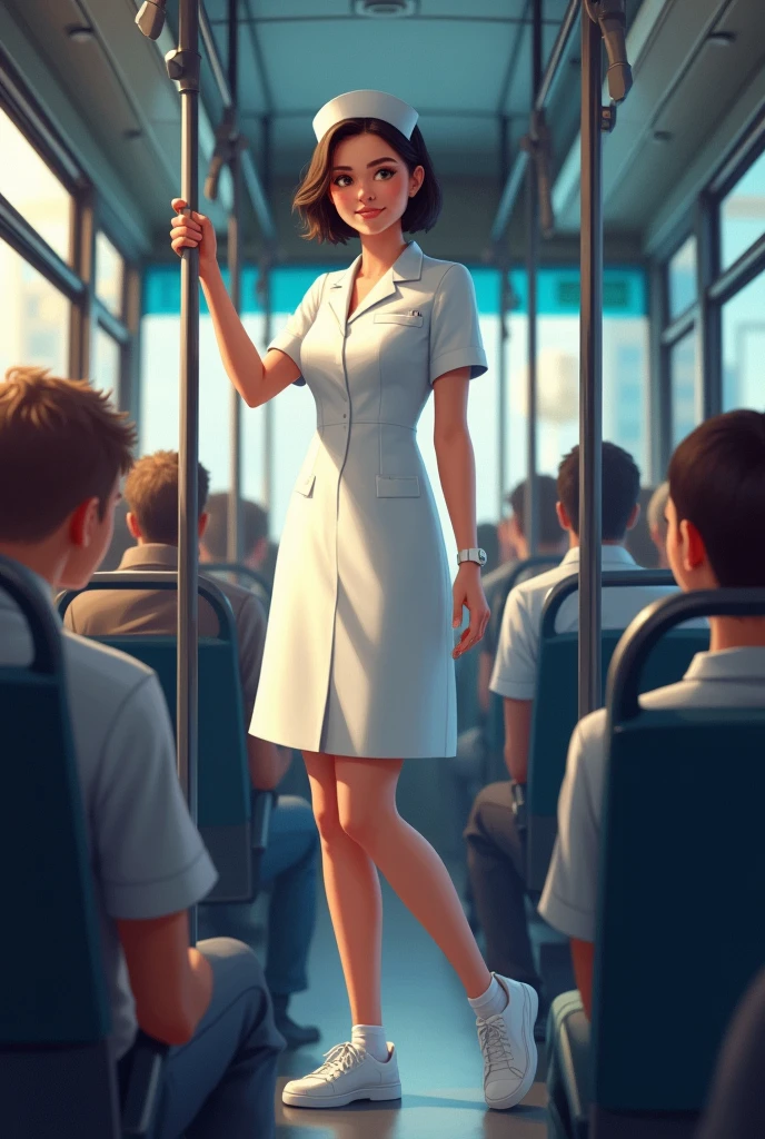 Nursing girl on bus. Standing Supported by the support tube 