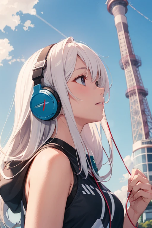 One girl Where to see Tokyo Skytree colorful watercolor painting Blue sky that makes you feel summer White cloud Looking up at the sky Soft lines Sporty clothes Headphones fine