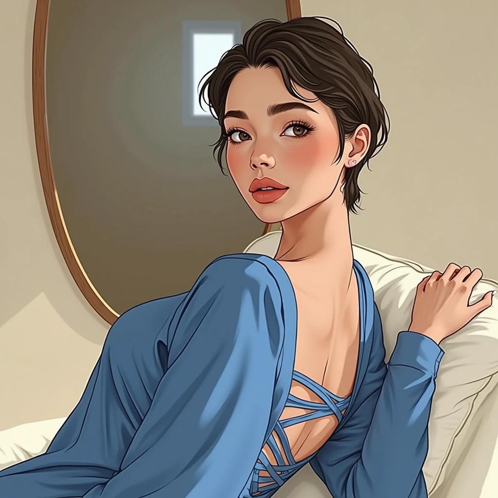 /generate: a young woman with short, wavy dark hair, clear, slightly tanned skin, defined eyebrows, almond-shaped medium-sized eyes, and full, well-defined lips. She is wearing a light blue top with a crisscross detail in front. The setting should be neutral with soft lighting.
