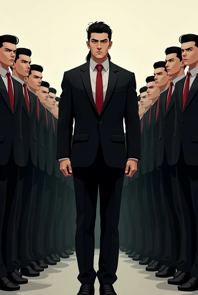 a guy standing in a formal black suit white shirt and red tie , looks pretty muscular . He has around ten guys behind him who has the exact same facial features . He has a teen face , has mullet hairstyle and dark black hair