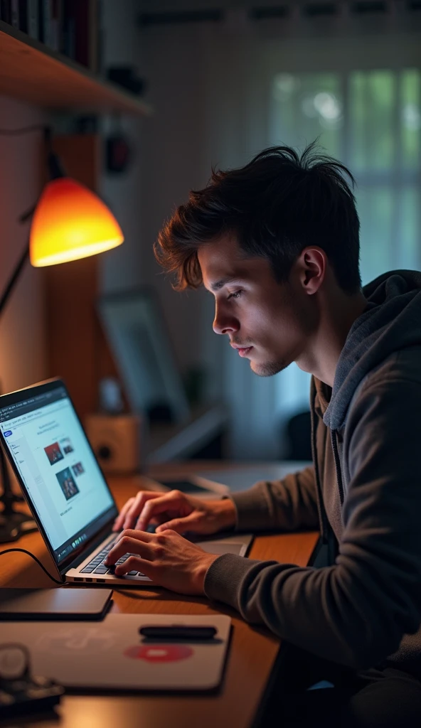 One man creating a youtube thumbnail his laptop
